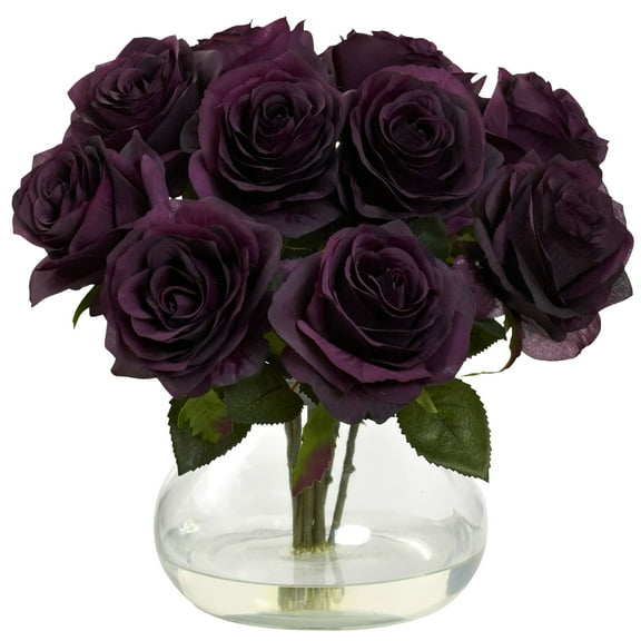 Nearly Natural Rose Arrangement Artifcial Flowers with Vase, Purple