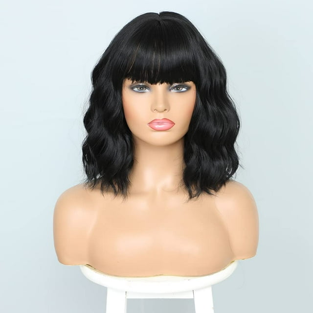 LinenLoon Perruque Noire avec Frange Perruque pour Femmes 12 Po Courte Ondulée Bouclée Perruque Cheveux Noirs Naturels Perruques Résistantes à la Chaleur Remplacement Cheveux (12 Pieds' Naturel Noir 1B)