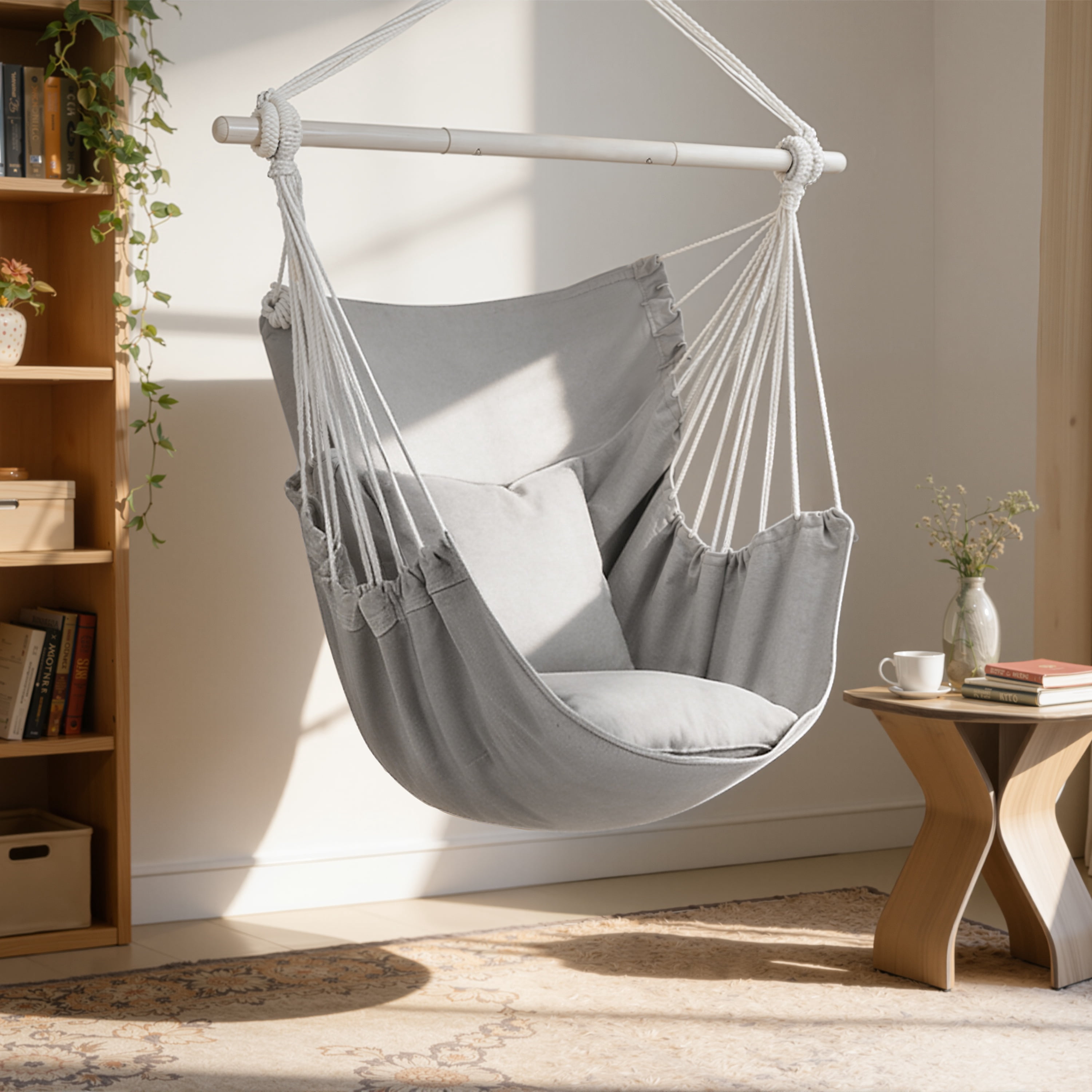 Large Hammock Chair Swing, Relax Hanging Rope Swing Chair with Detachable Metal Support Bar & Two Seat Cushions, Cotton Hammock Chair Swing Seat for Yard Bedroom Patio Porch Indoor Outdoor
