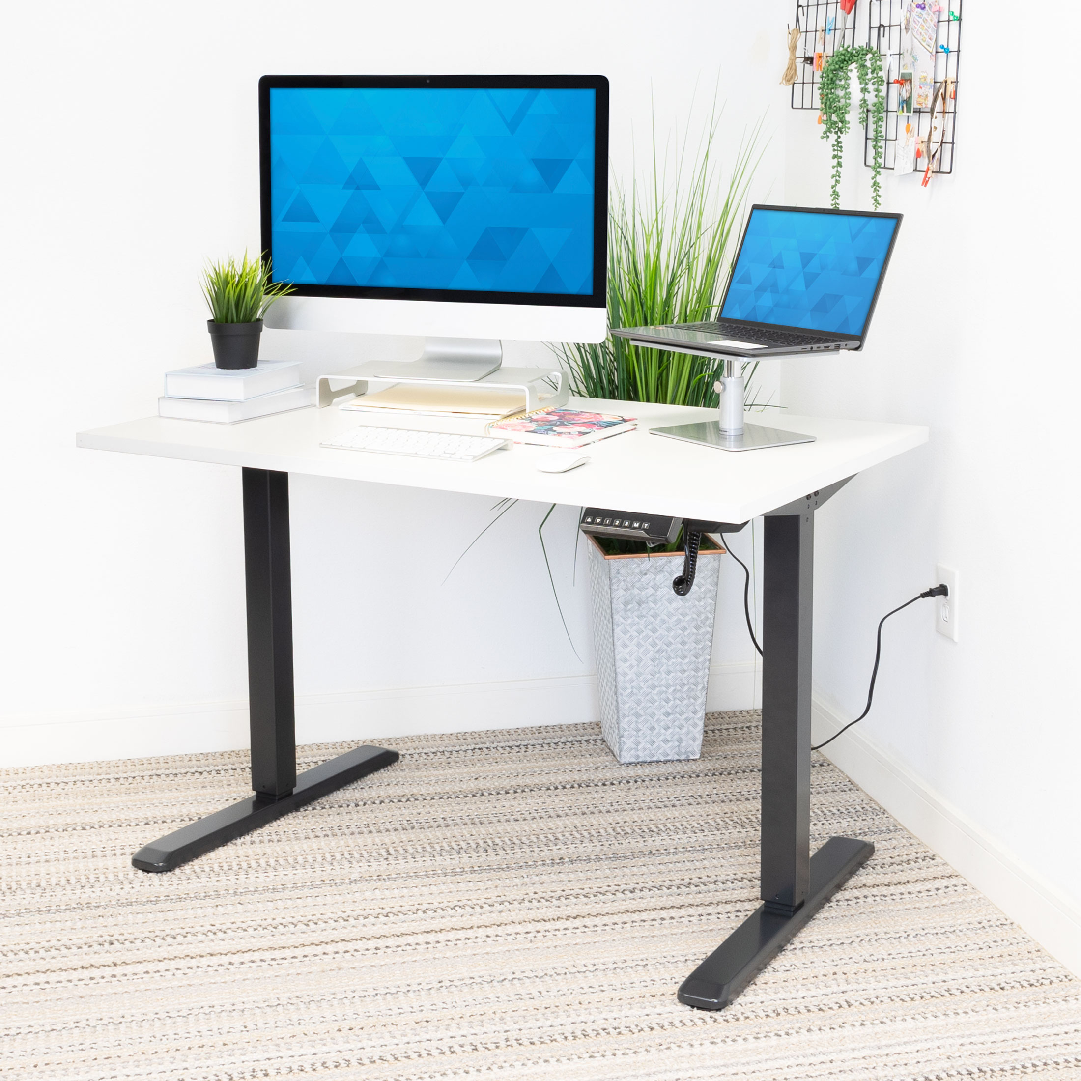 Mount-It! Electric Sit-Stand Black Desk Frame with White Tabletop