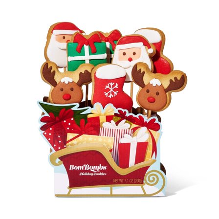 BomBombs, Christmas Cookie Bouquet, Individually Wrapped Sugar Cookies on Sticks & Sleigh Shaped Display Tray, Perfect for Holiday Parties, Set of 8