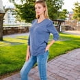 thumbnail image 3 of Women's Long Sleeve V-Neck Top with Ruffled Shoulder Detail - Small, Blue, 3 of 7