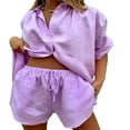 thumbnail image 1 of Women Casual Clothes Set Summer Solid Color 3/4 Sleeve Button-up Shirts Tops and Drawstring Shorts Outfits, 1 of 4