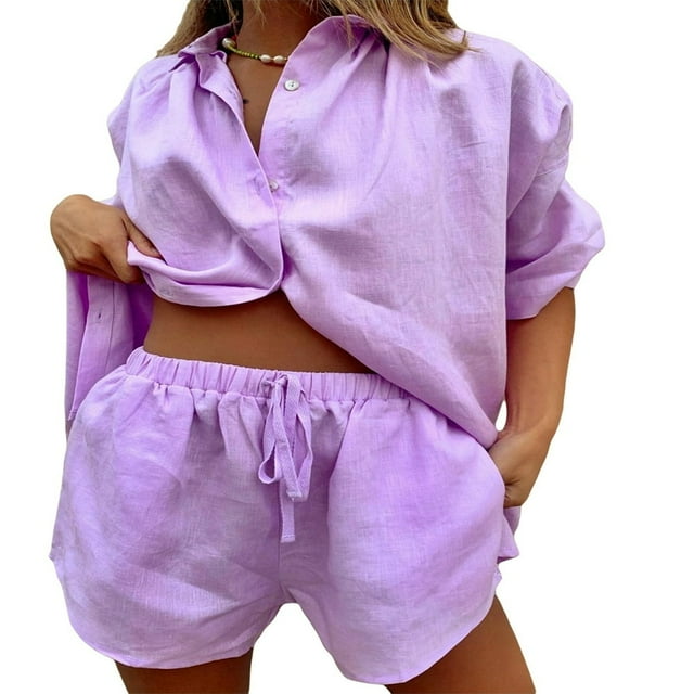 PENGXIANG Women Casual Clothes Set Summer Solid Color 3/4 Sleeve Button-up Shirts Tops and Drawstring Shorts Outfits