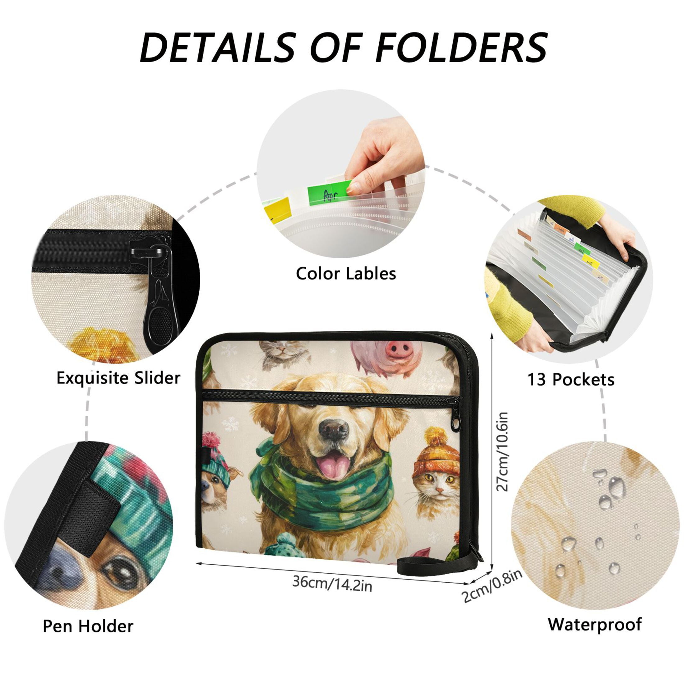 Accordion File Organizer with Zip Closure 13 Pockets Expanding File Folder Letter A4 Paper Document Organizer for Home Office Watercolor Animals Pattern