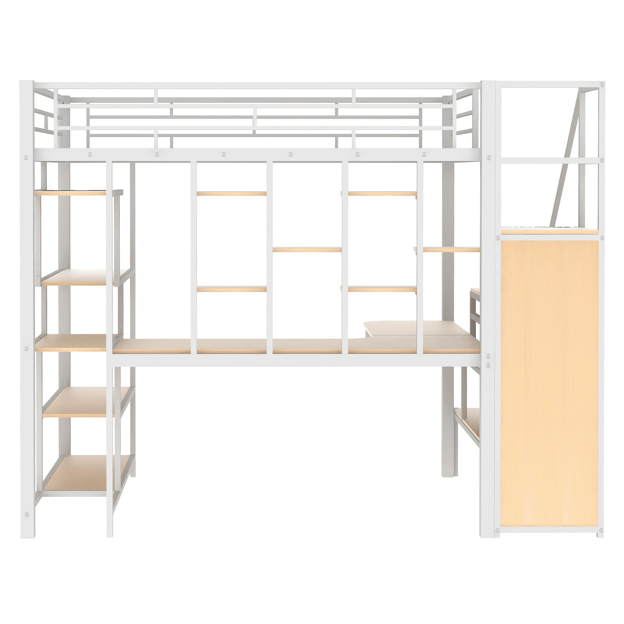 Euroco Modern Metal Full Size Loft Bed with Wardrobe, Desk and Storage Shelves for Kids Teens, White