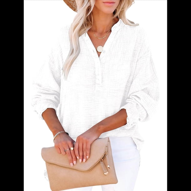 Blusas Casuales de Larga con Cuello en V y Botones para Mujer, Blusas Lisas de Gran Tamaño. XL