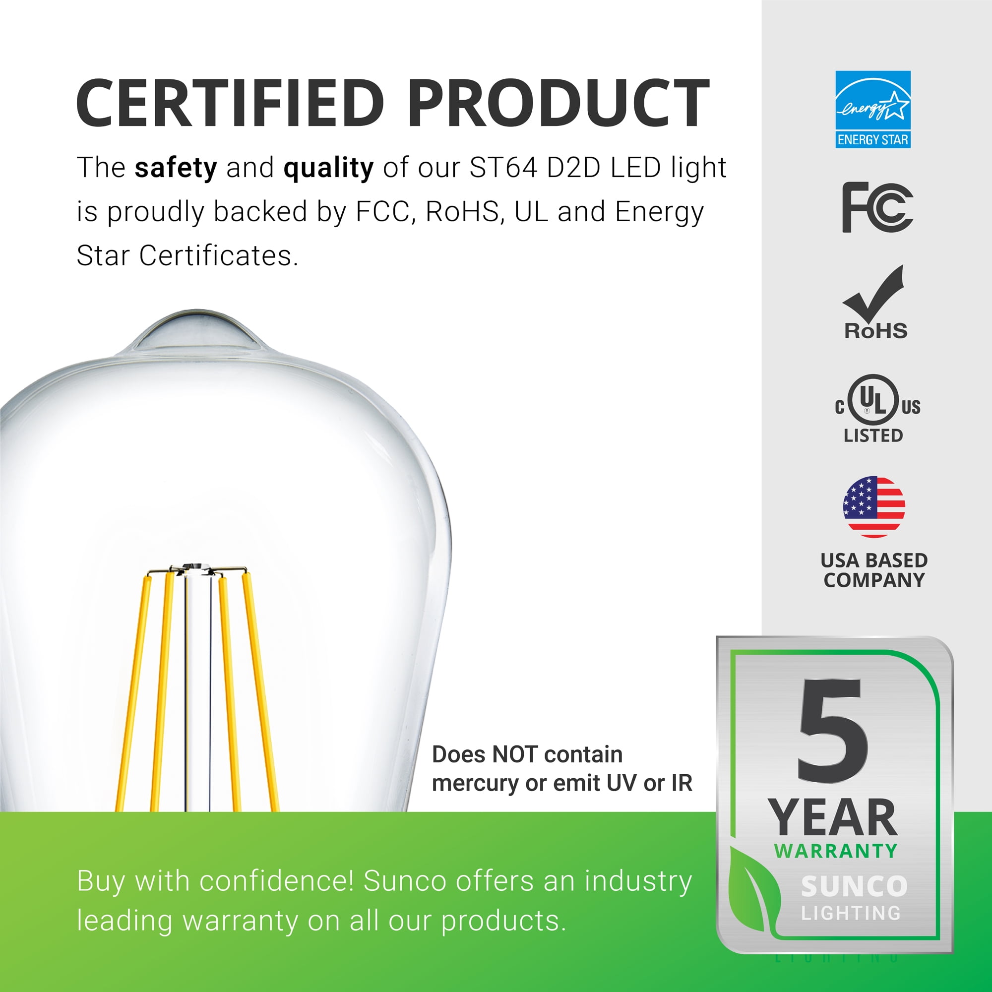 Sunco Lighting 4 Pack ST64 LED Bulb, Dusk-to-Dawn, 7W=60W, 2700K Soft White, Vintage Edison Filament Bulb, 800 LM, E26 base, Outdoor Decorative String Light - UL, Energy Star