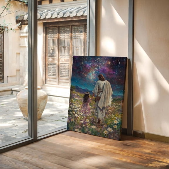 Velto Jesus Holding Child Canvas Wall Art Inspirational Starry Night Scene Canvas, SIZE 8x10 INCLUDE Pine Wood Frame 1.25-Inch