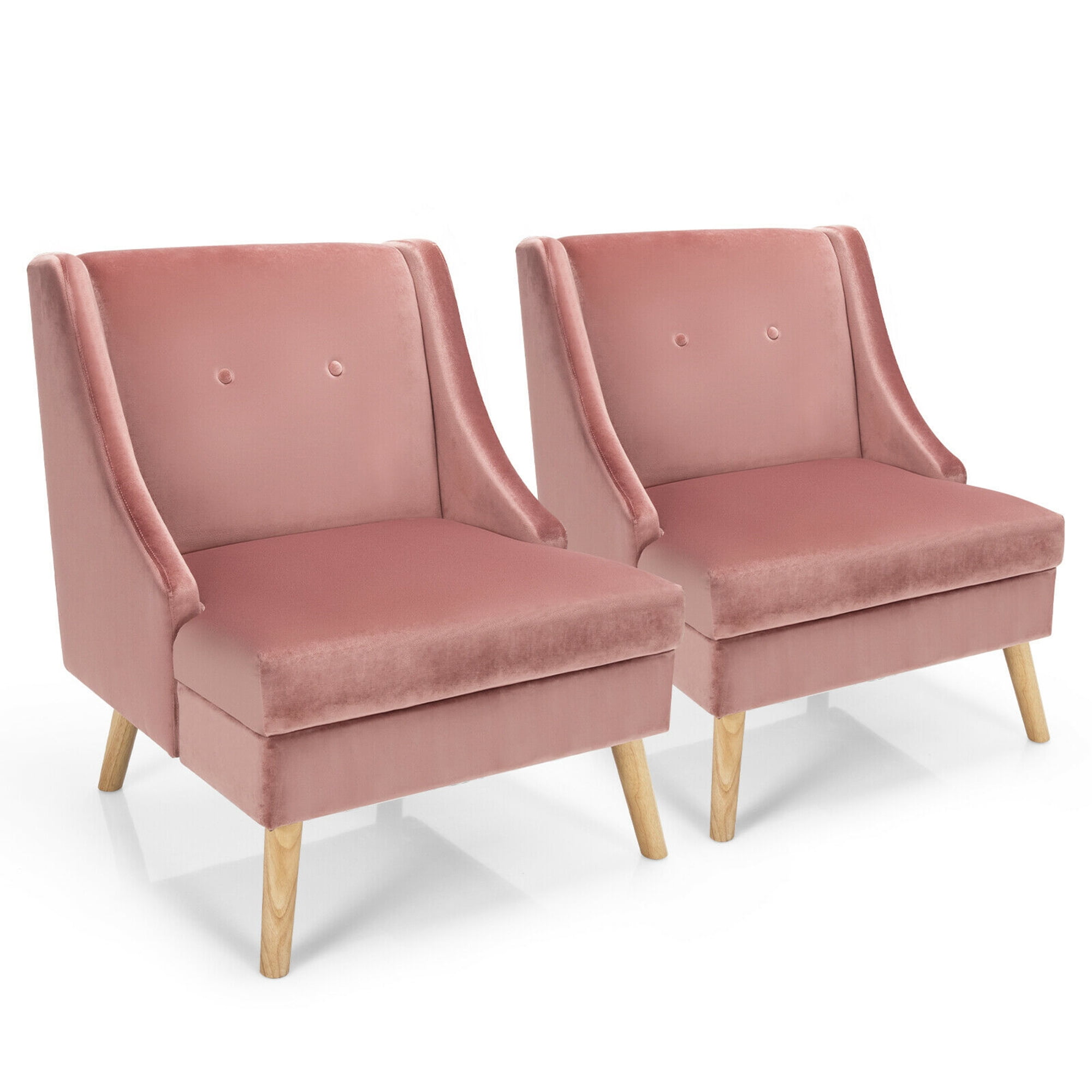 Gymax Velvet Upholstered Swoop Arm Accent Chairs with Rubber Wood Legs, Pink