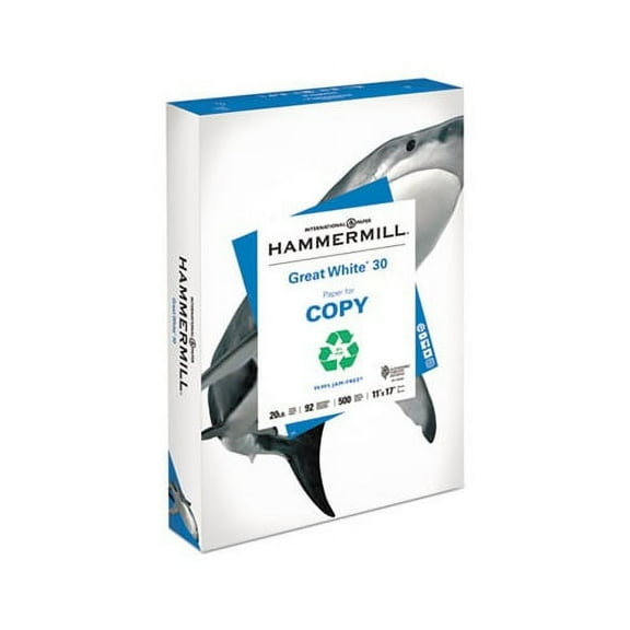 Great White 30 Recycled Print Paper 92 Bright, 20lb, 11 x 17, White, 500/Ream