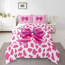 Homewish Kawaii Princess Ribbon Bedding Comforter Set for Girls, Fashion Pink Leopard Print Twin Comforter Sets, Cute Cartoon Reversible Bedding Set, Ultra Soft Bedroom Decor, 2 Pieces