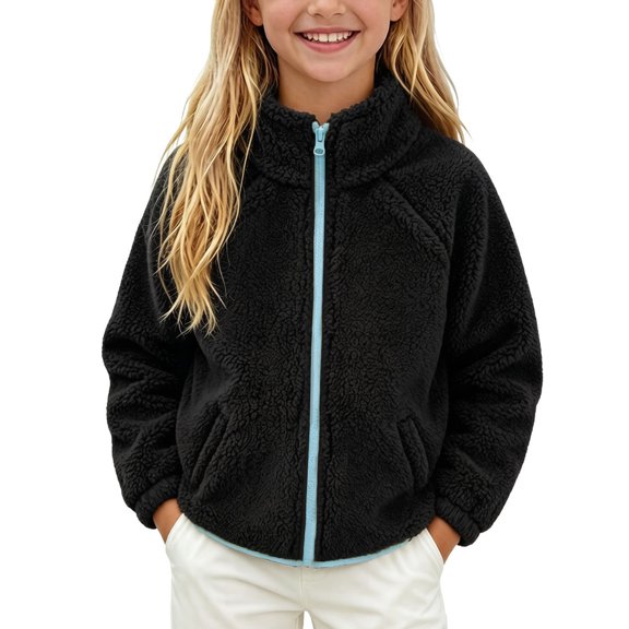 OGLCCG Girls Fuzzy Fleece Jacket Long Sleeve Zip Up Winter Coat for Girls Warm Faux Fur Sherpa Outwear With Pockets Size 1-10