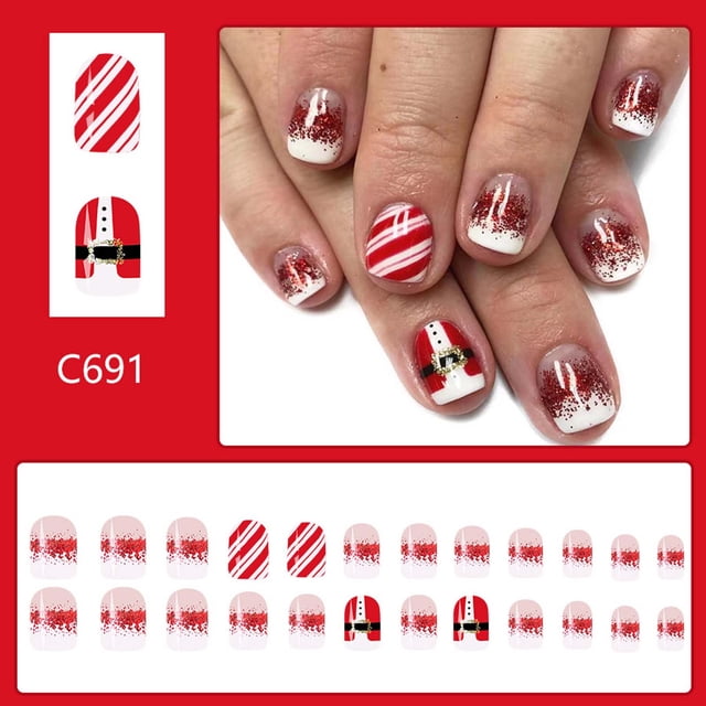 Paquete de 24 Uñas Postizas Cortas Navideñas | Uñas Postizas de Cobertura Completa con Pegamento | 12 Tamaños | Material Abs | Kit de Decoración de Uñas Diy | Regalo para Fiestas, Graduaciones y Boda