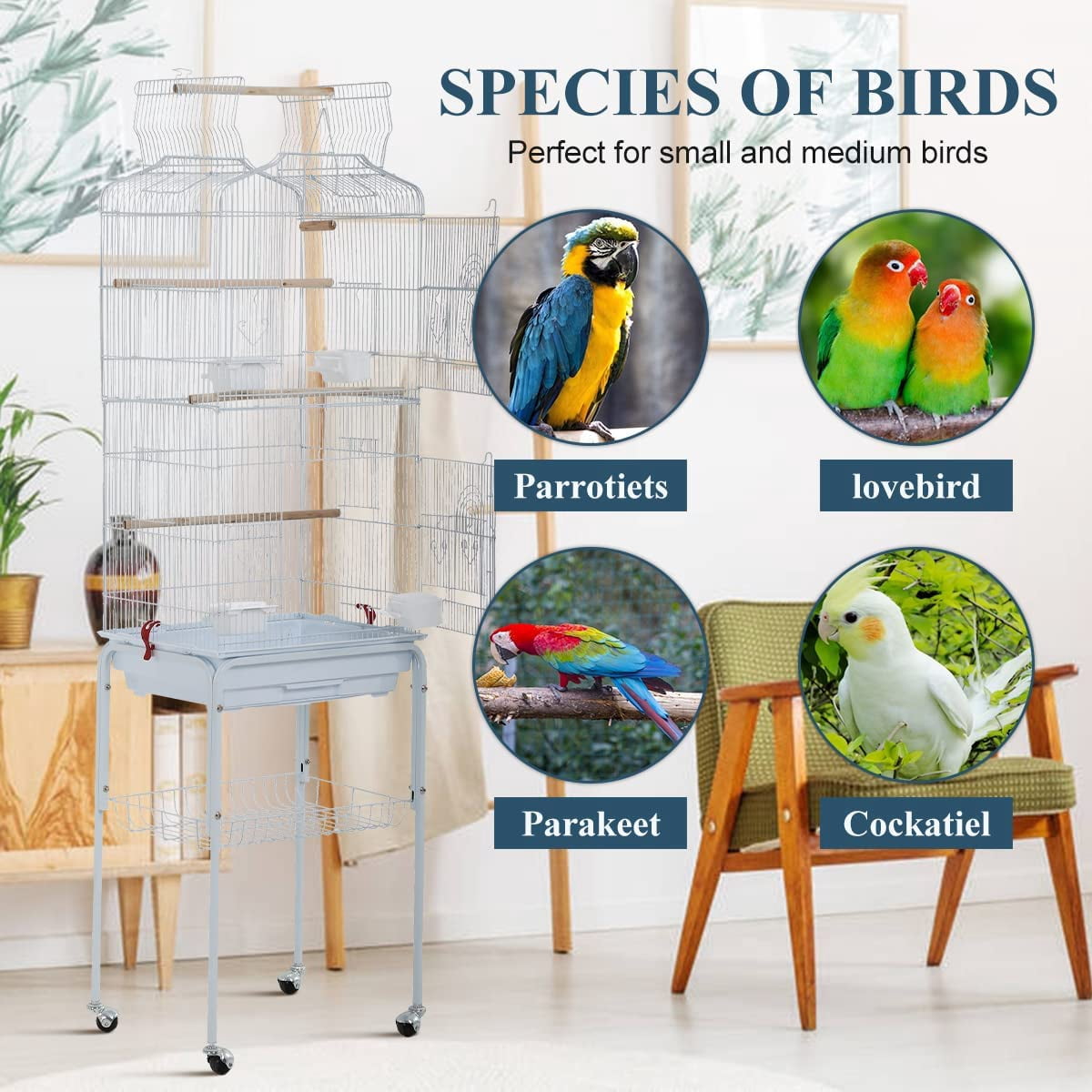 Bird Cage with Stand Parrot Cages for Large Birds Parakeet Cage with Play Top & Rolling Stand for Medium Canaries, Lovebirds, Cockatiels, Parrots, White