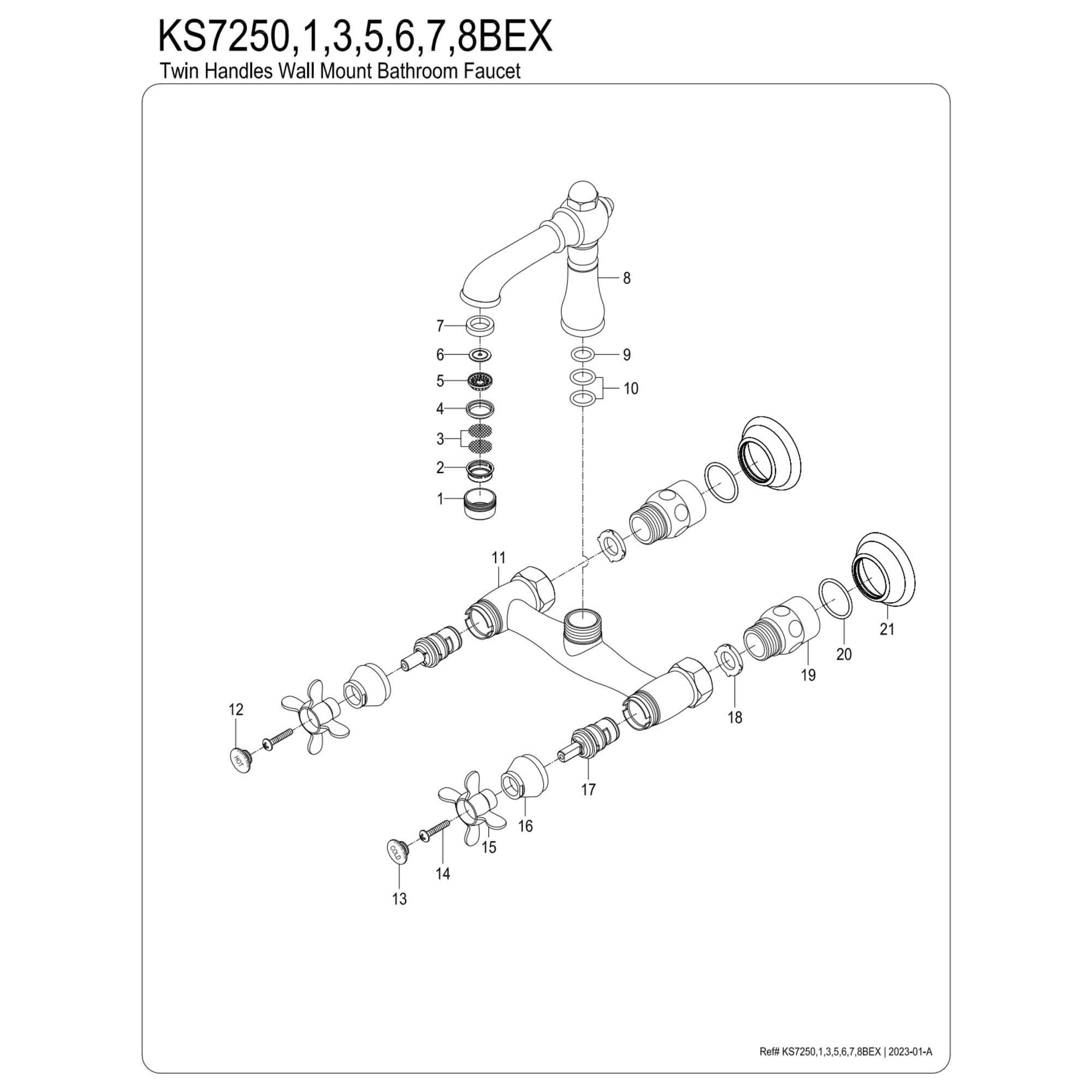 Kingston Brass KS7257BEX Essex Double-Handle 2-Hole Wall Mount Bathroom Faucet in Brushed Brass