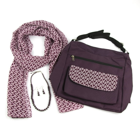 Gold Coast Women's Fashion Accessory Set in Purple - Handbag, Scarf, Jewelry Set