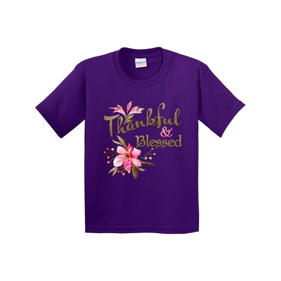 Inktastic Thankful and Blessed Inspirational Saying with Pink Flowers Youth T-Shirt