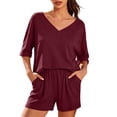 thumbnail image 4 of Zynoxe Womens 2 Piece Outfits Fashion V Neck Short Sleeve Top Elastic Waist Shorts Set Lightweight Breathable Summer Sets Versatile Casual Loose Solid Color Casual Loungewear with Pockets S, 4 of 10