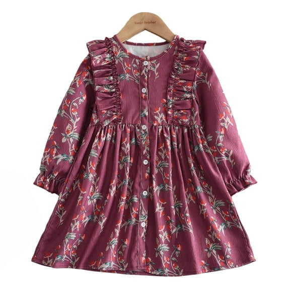 LYMAYTER Kids Baby Girls Floral Long Sleeve Dress Girls Ruffle Hem Casual Playwear Birthday Party Gown 2-7Y