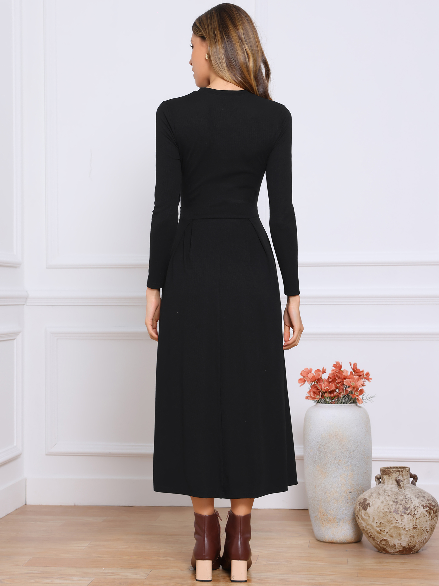 DARING DIVA Women's Long Sleeve Maxi Casual Formal Spring A-Line Dress L Black
