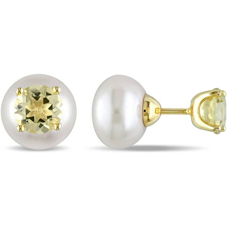 Tangelo 12-12.5mm White Button Cultured Freshwater Pearl and 3-1/2 Carat T.G.W. Lemon Quartz Yellow Rhodium-Plated Sterling Silver Round Stud Earrings