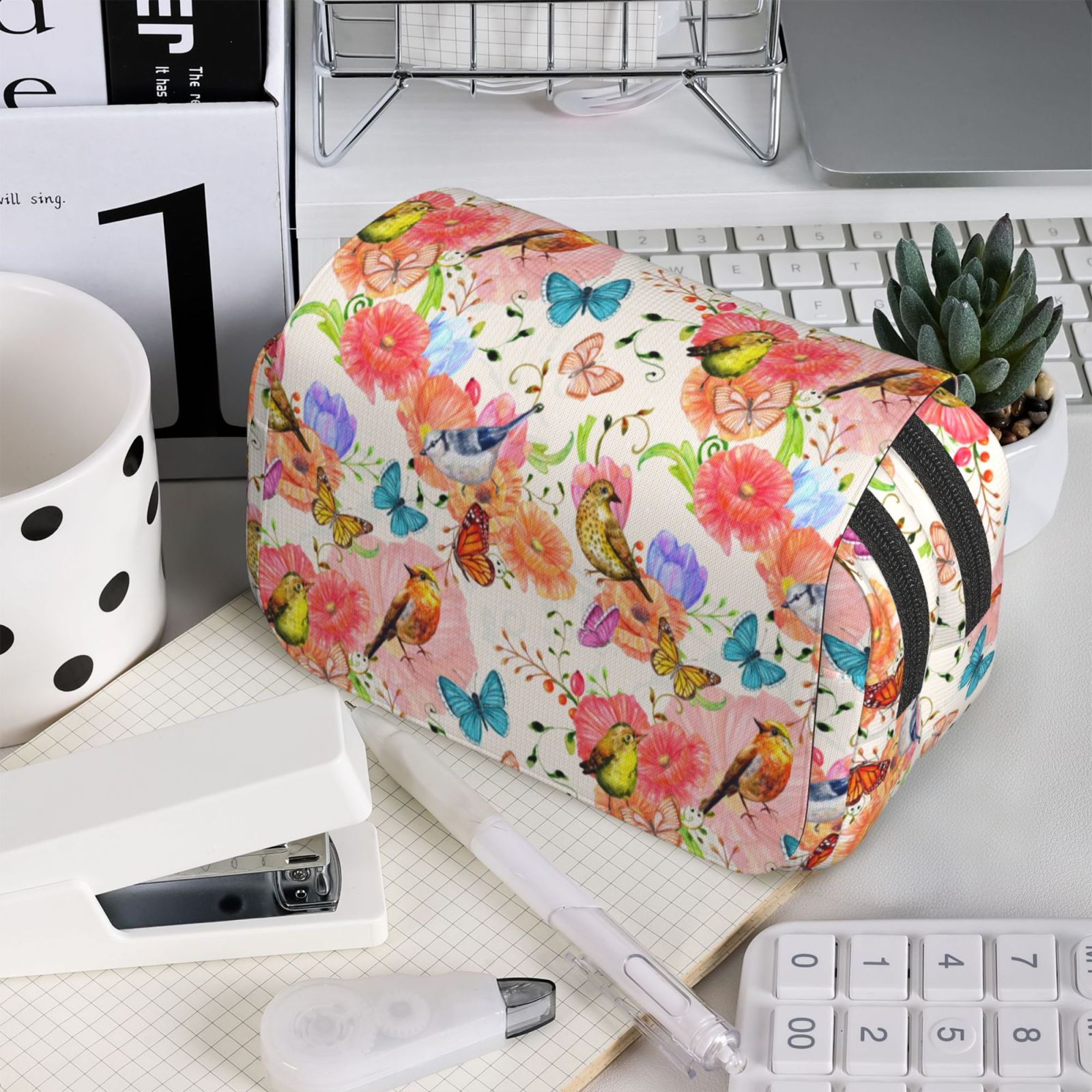 Rateoe Flowers And Birds Watercolor Pattern Double Clamshell Pen Case, Storage Organizer with Two Zipper Compartments– Holds Up to 50 Pencils & Pens