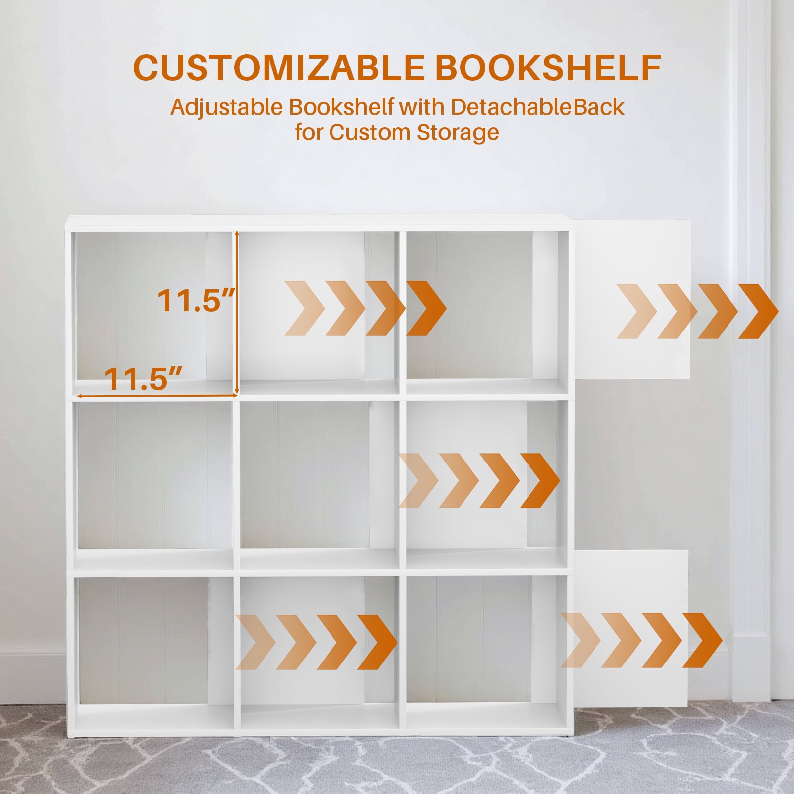 Simenmax 9 Cube Storage Organizer, Bookshelf with 5 Removable Back Panels for Living Room, Bedroom, Home Office, White