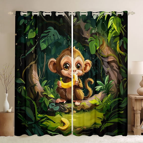 Feelyou Cartoon Monkey Black Out Curtains, Jungle Animal Curtains Pack of 2 (42x63 Each)