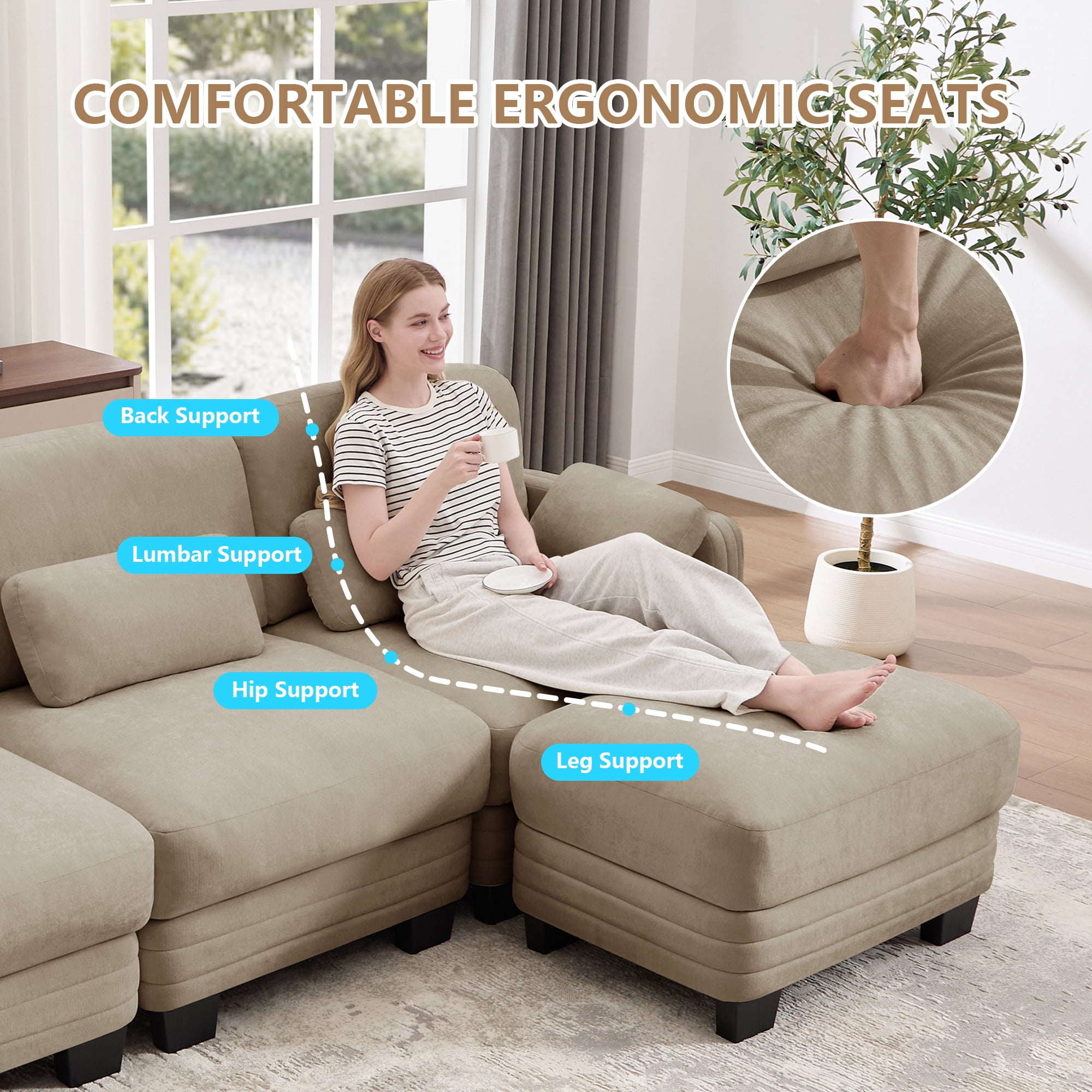 130" L Shape Modern Modular Sectional 4 Seater Sofa Couch with Movable Ottoman and 6 Pillows