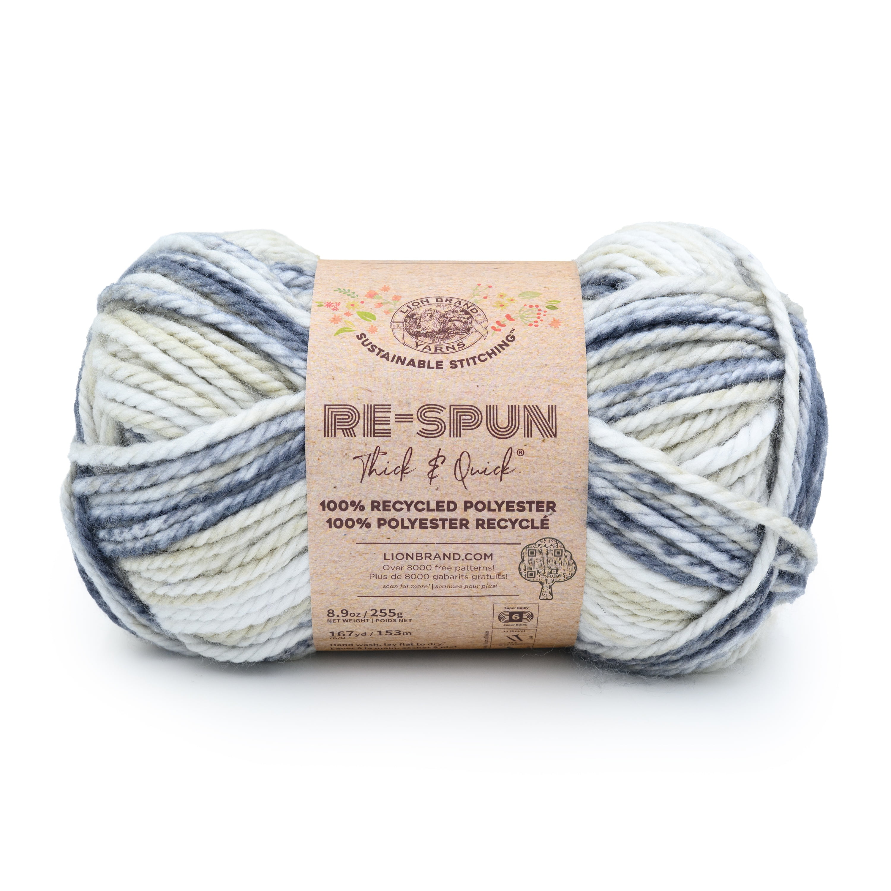 Lion Brand Re-Spun Thick & Quick Yarn color earl grey, recycled polyester super bulky yarn, 255g, 153m, 1-CT