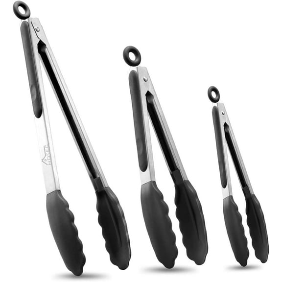 TIFOR Premium Stainless Steel Locking Kitchen Tongs with Silicon Tips, Set of 3-7", 9" and 12" (Black)