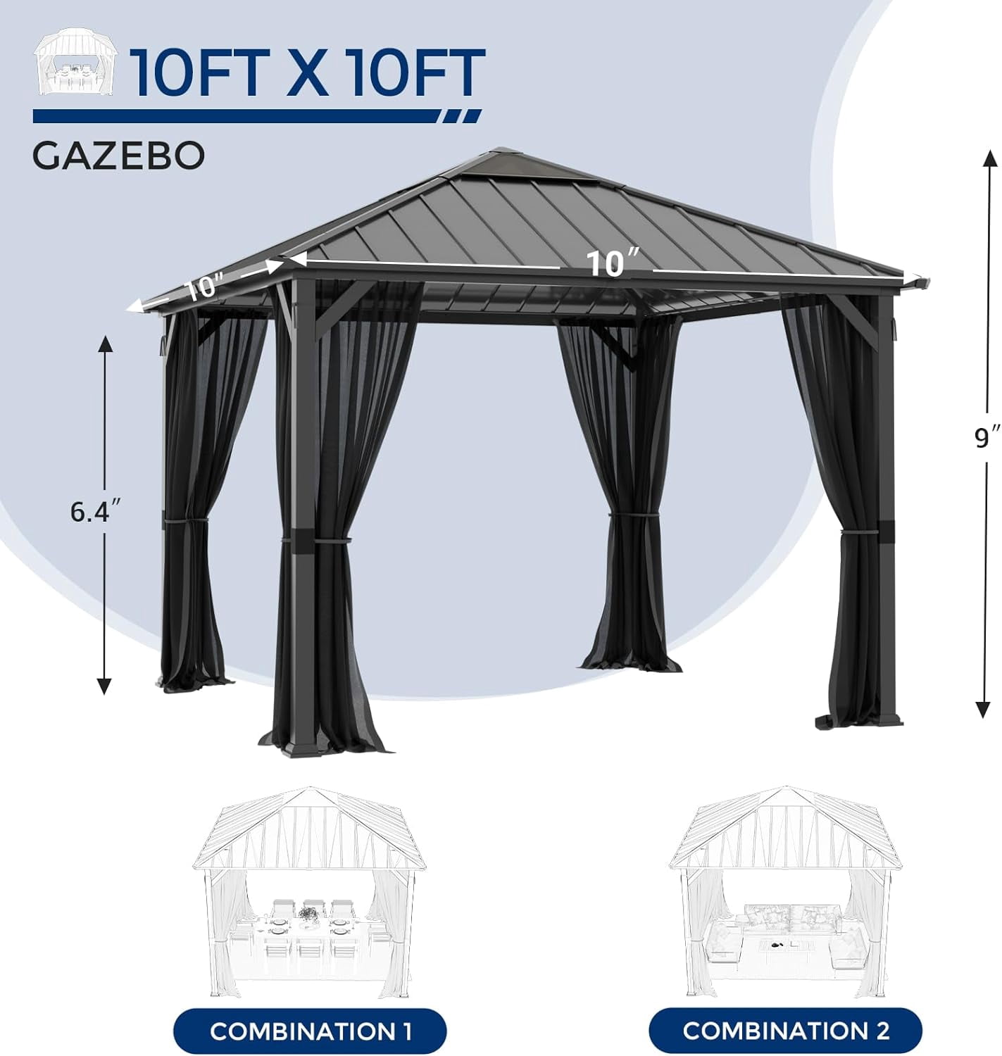 ELPOSUN Outdoor Living 10’ X 10’ Hardtop Gazebo Canopy with Netting & Curtains, Outdoor Aluminum Gazebo with Galvanized Steel Double Roof for Patio Lawn and Garden, Black