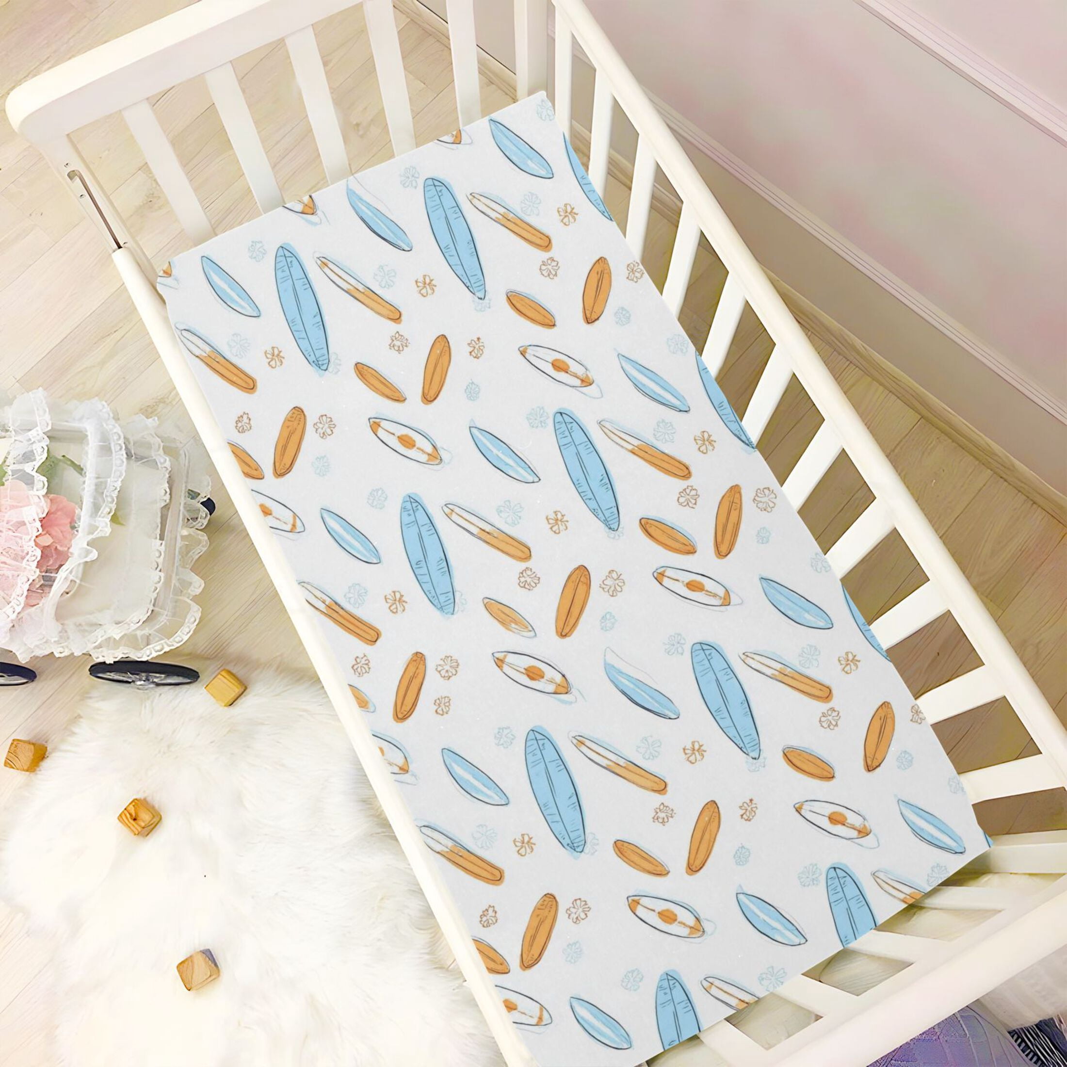 Baby Essentials 52”x 28”- Standard Cotton-like Modal Elastic- Surfboard Design Crib Sheets for Newborns and Toddlers