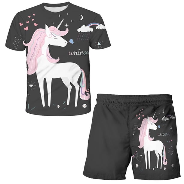Ropa bonita de unicornio para niños, conjunto de 2 piezas con estampado de unicornio + Pantalones cortos, ropa de pantalón, traje de manga corta para bebés y niños pequeños, traje de 12M Gao Jinjia LED