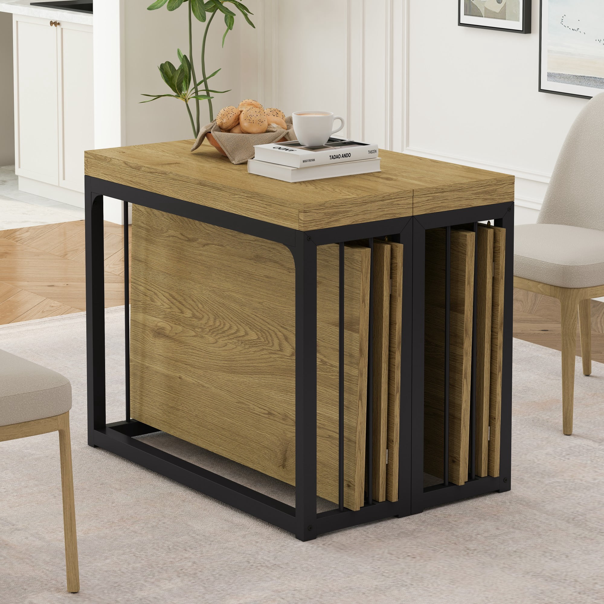 BSHTI 23.62"-118" MDF Extendable Rectangular Dining Table with Metal Base, Wood Grain Top for Kitchen/Dining Room（Oak）