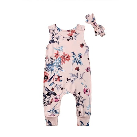 

Newborn Baby Girls Romper Headband Set Sleeveless Floral Printed Long Pant Button Romper with Bowknot Headband