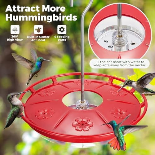 2 Pack 16 OZ Disc Hummingbird Feeders for Outdoors Hanging, 6 Bee Proof Feeding Ports Humming Nectar Bird Feeder, Ant Moat Easy to Refill & Clean Leak-Proof, Garden Décor Gifts for Women Mom