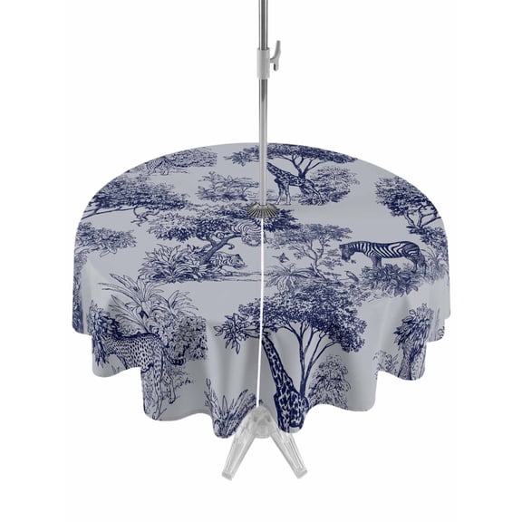 Outdoor Tablecloth with Umbrella Hole for Patio/Picnic/Party/Camping, Country Giraffe Waterproof Table Cloth Round Cover Washable, Blue Vintage Animals Green Forest Tree (Dia 60")