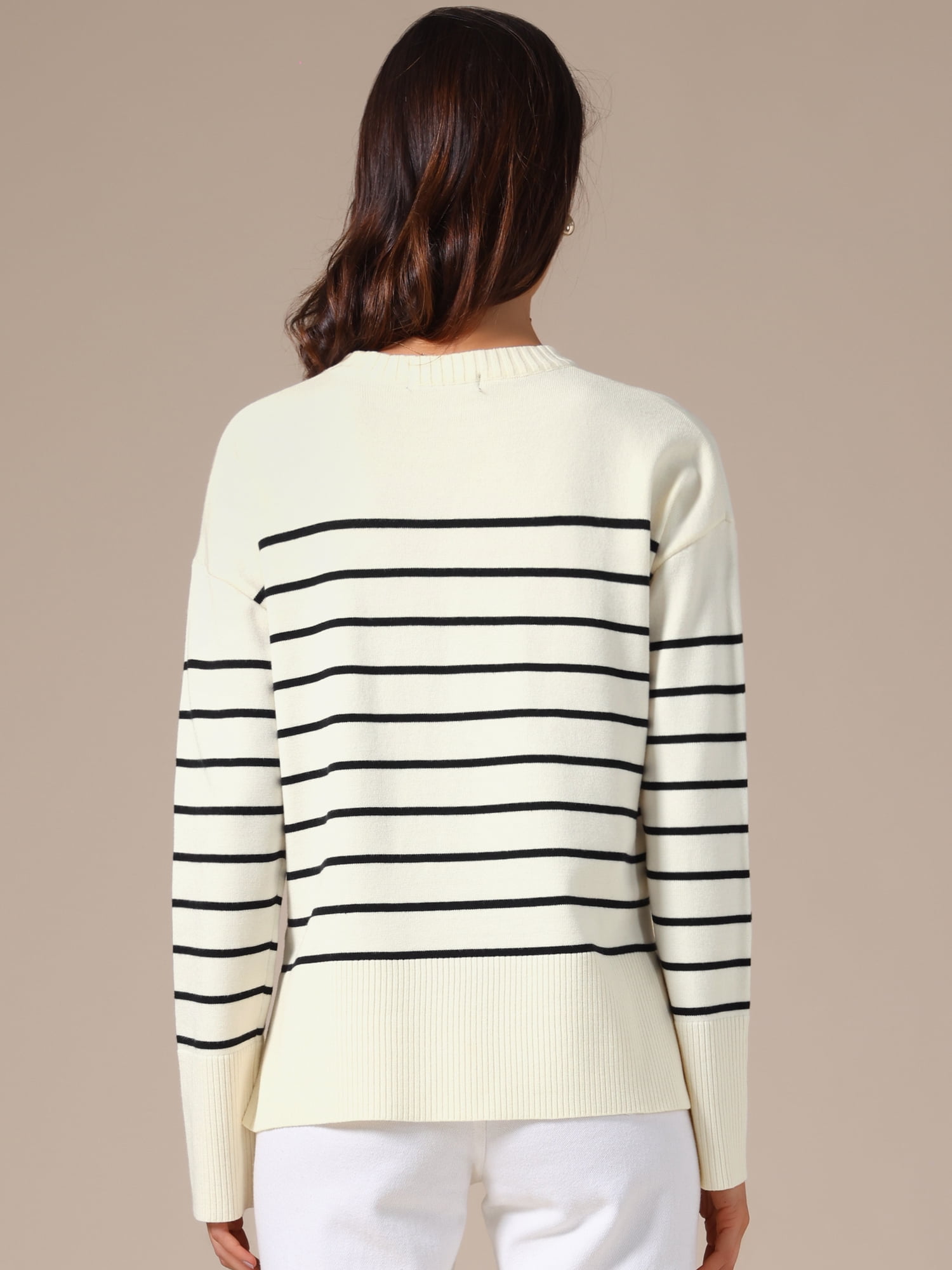 DARING DIVA Women's Striped Pullover Spring Crewneck Knit Sweater M White