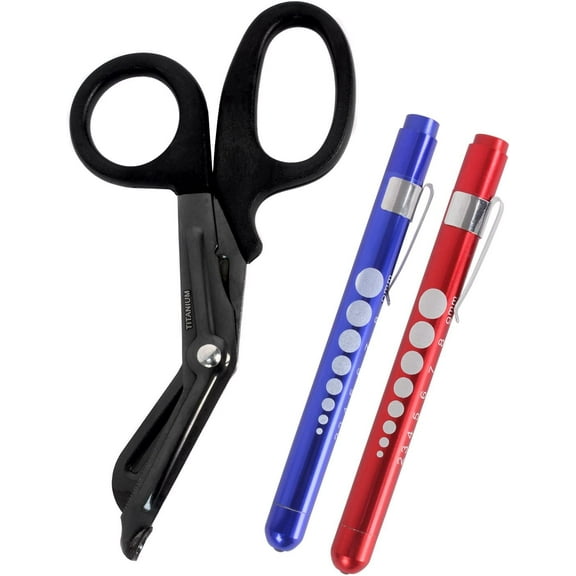 MedITAC Titanium Bonded Bandage Shears, 7.25-Inch, Bent Black Scissors with LED Pen Light, 2-Pack (Blue & Red)