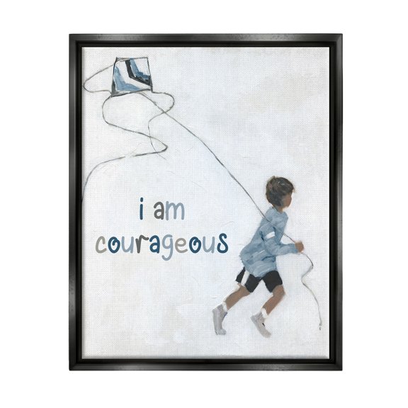 Stupell Industries I Am Courageous Child Flying Kite Uplifting Phrase Graphic Art Jet Black Floating Framed Canvas Print Wall Art, Design by Sally Swatland