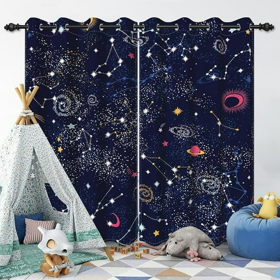 Galaxy Blackout Curtains For Kids, Moon And Star Window Curtains For Boys Girls Bedroom Blue Nursery Window Curtains With Grommets 42"W x 108"L (Pack of 2)