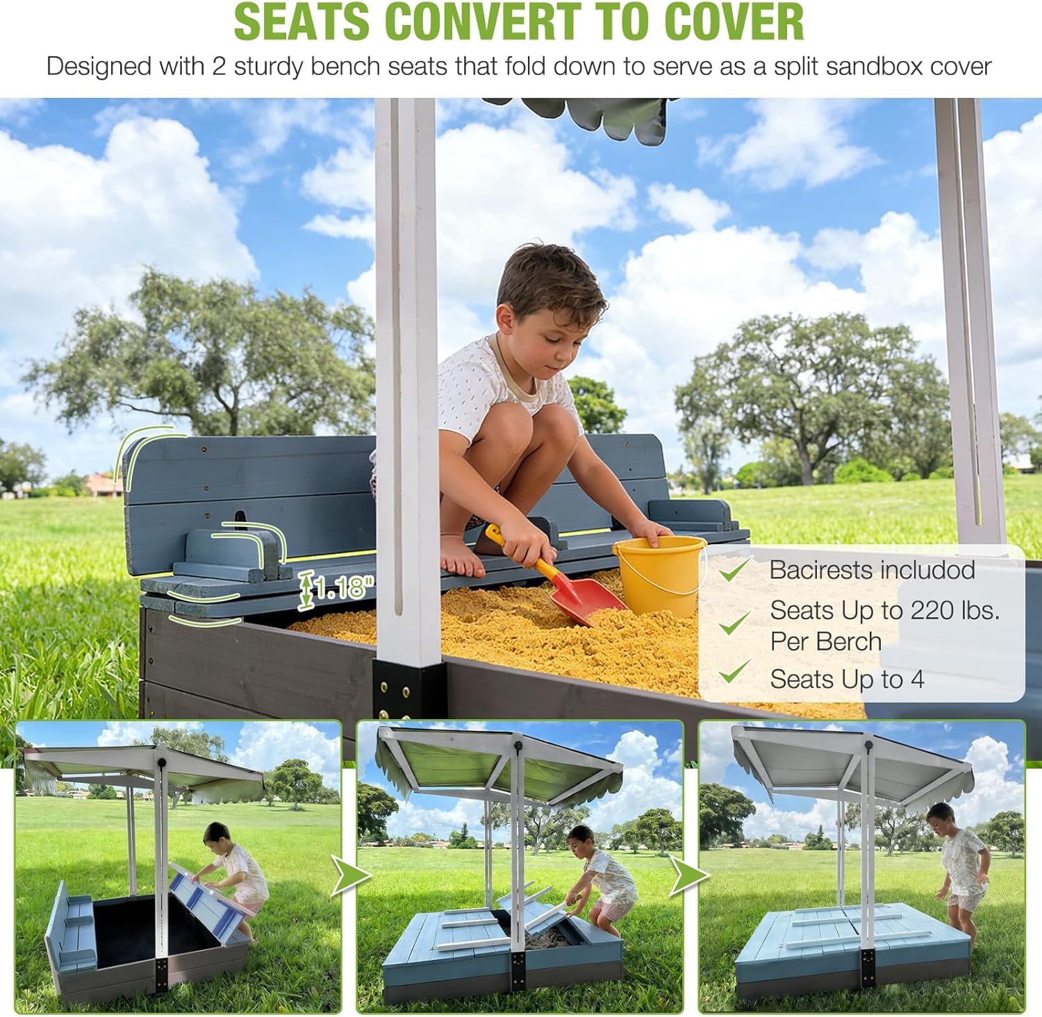 AIVITUVIN Sandbox with Lid and Cover for Kids Outdoor with 2 Foldable Bench Seats, Adjustable Canopy and Sand Protection Liner, 47.2" L x 47.2" W x 51.9" H, (Blue)