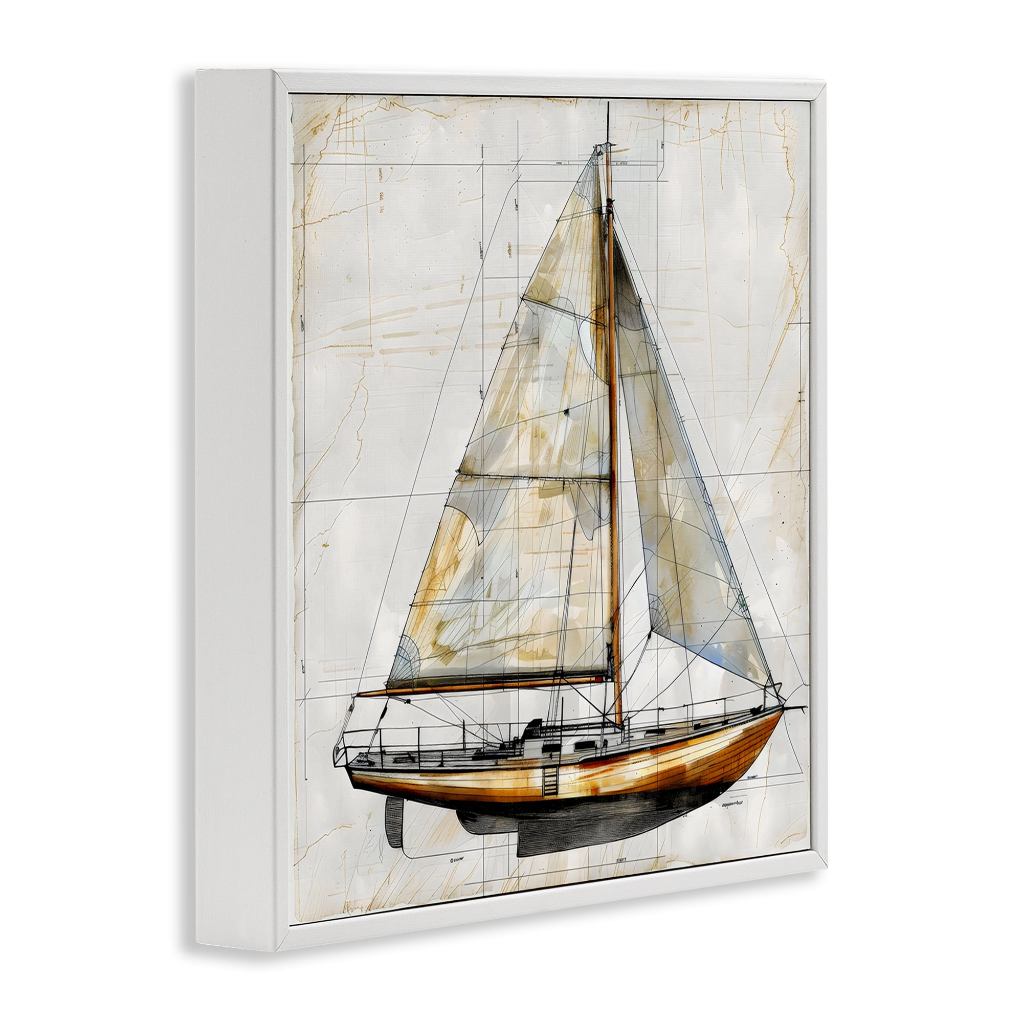 Stupell Industries Vintage Sailboat Drawing Blueprint White Framed Giclee Art, design by Creative Studio
