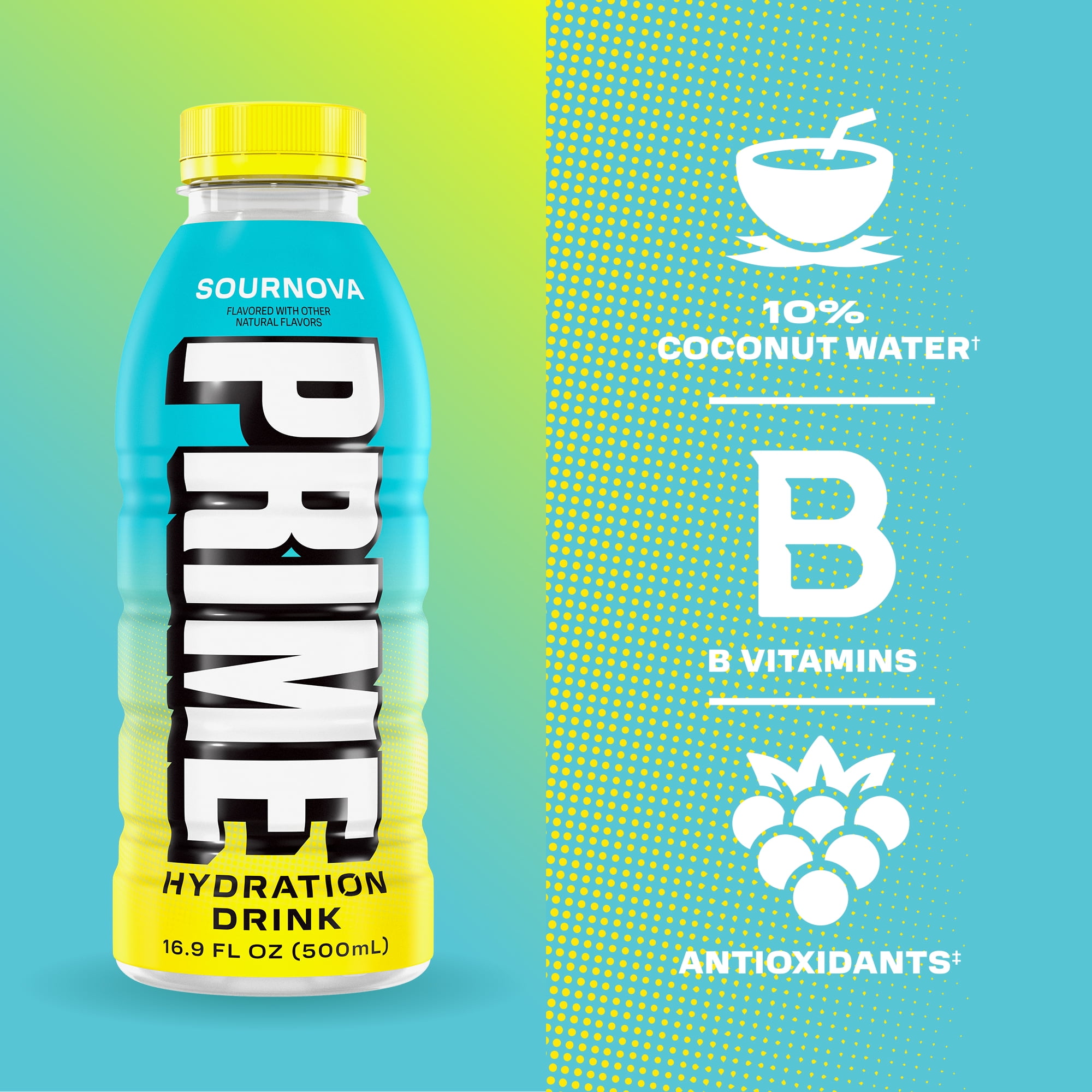 Prime Hydration Sports Drink, Sournova, 16.9 fl oz, 12 Pack, Bottles