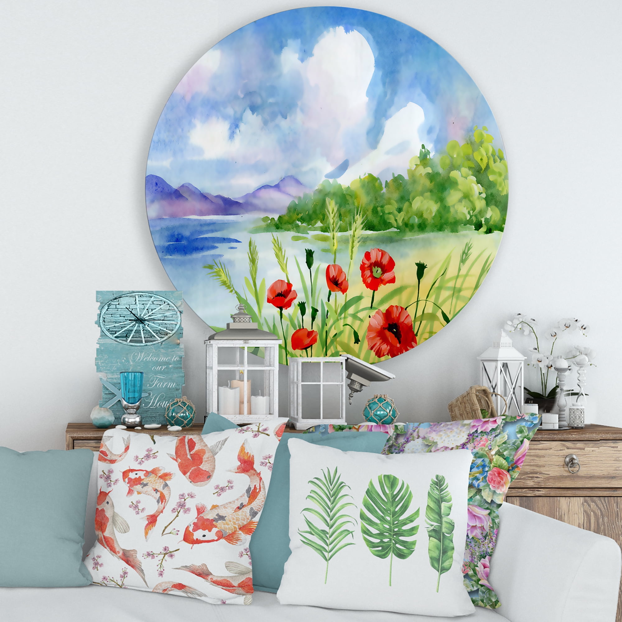 Designart 'Red Tulips On The Bank Near A River Mountain' Lake House Circle Metal Wall Art 29x29 - Disc of 29
