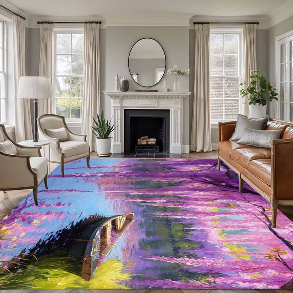 Area Rug for Living Room, Spring Flowers Non-Slip Indoor Large Carpet for Bedroom/Dining Room, Purple Vine Lake Boat Grass Vintage Oil Painting Washable Low-Profile Floor Runner Rugs - 5 x 7 Ft