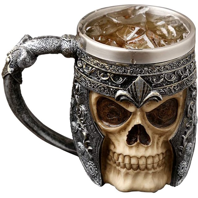 Taza gótica con calavera 3D – Taza de acero inoxidable Seleton para bebidas, café, cerveza, jugo de sangre, taza para beber con armadura de calavera de guerrero vikingo medieval, decoración de Halloween JM