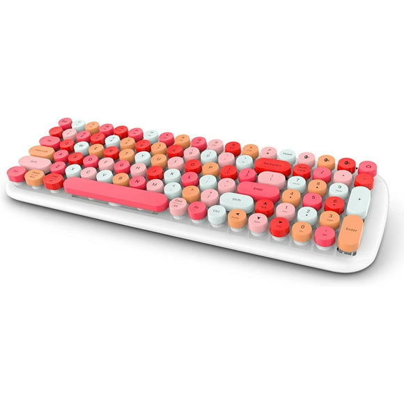 nipocaio Wireless Bluetooth Keyboard, Suitable for Mac, iPad, iPhone, PC, Laptop and Android Systems, Can Connect Up to 3 Devices at the Same Time, 100-Key Portable Typewriter, Vintage Round Key Keyboard - Lipstick Color